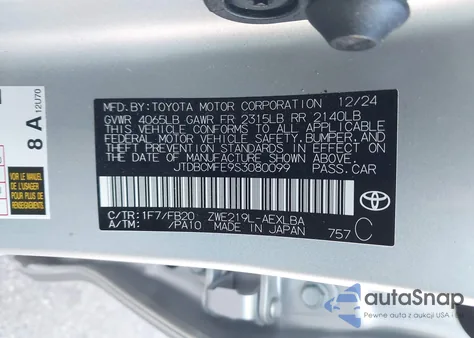 2025 Toyota Corolla Hybrid Le from USA, damaged, VIN JTDBCMFE9S3080099
